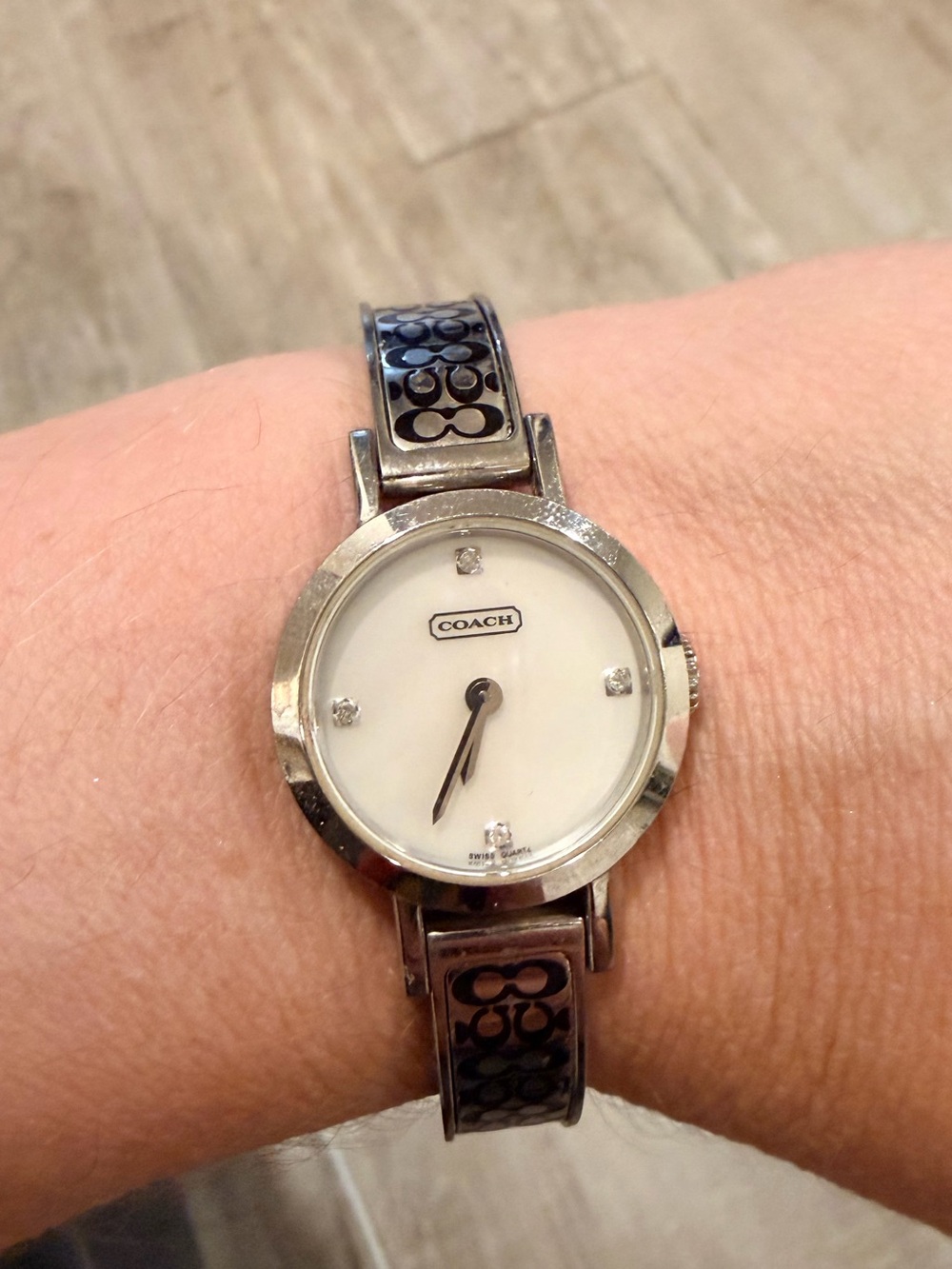 Coach Silver Tone Bangle Watch with Mother of Pearl White Dial & Signature Logo
